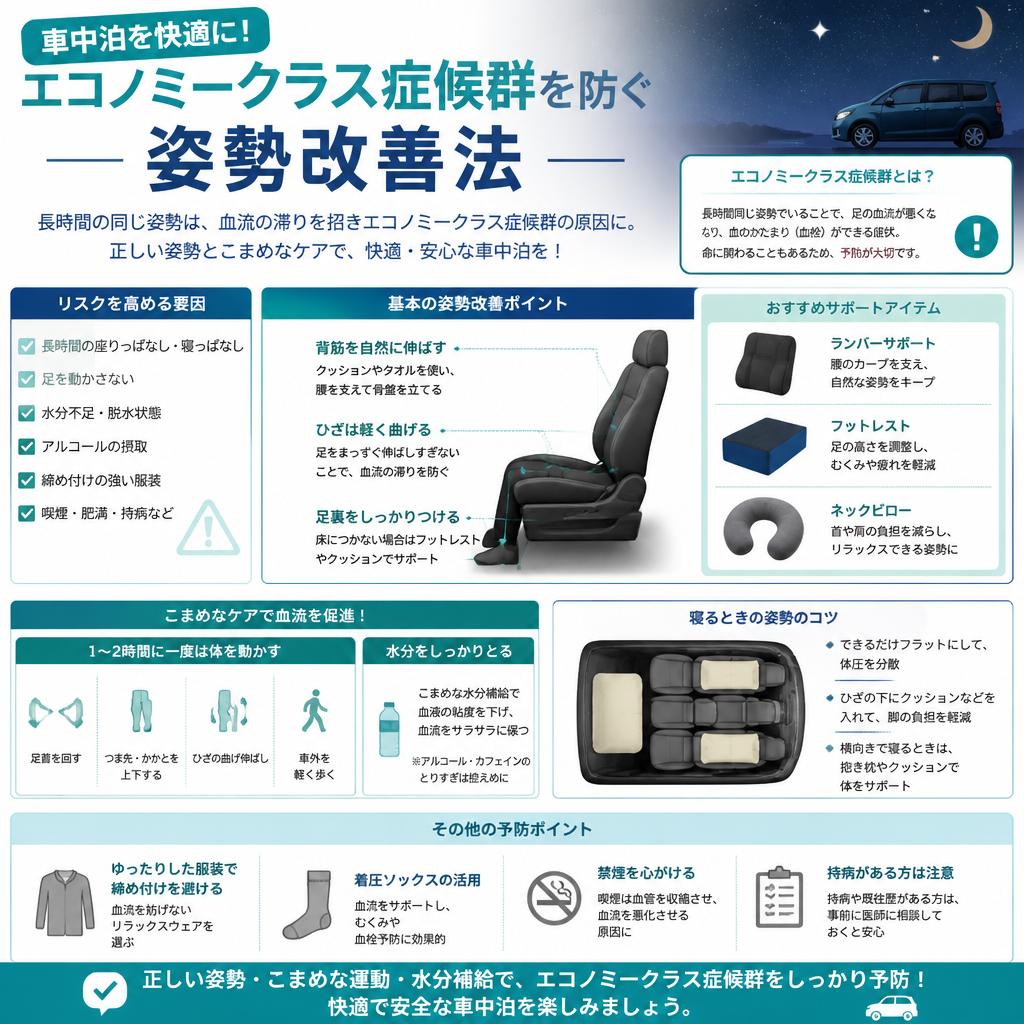 車中泊を快適に！エコノミークラス症候群を防ぐ姿勢改善法