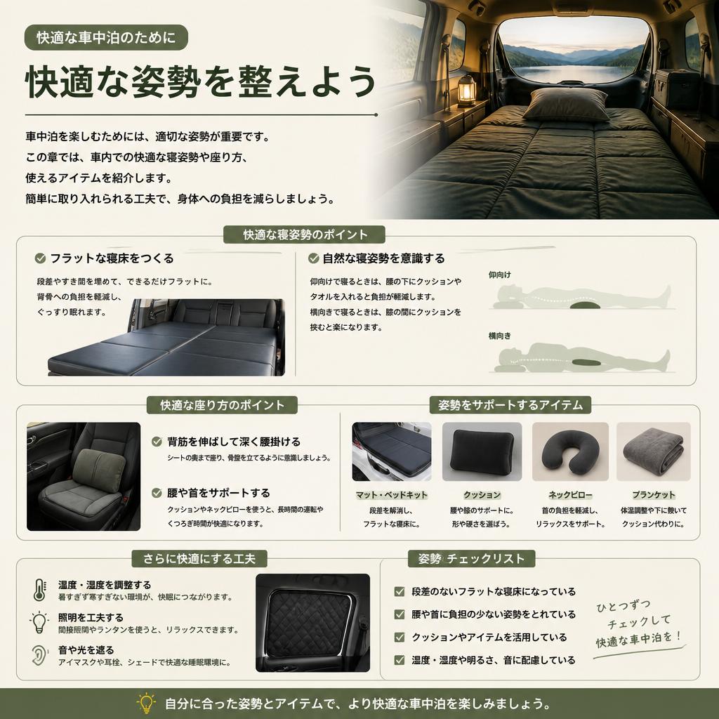 車中泊中の正しい姿勢